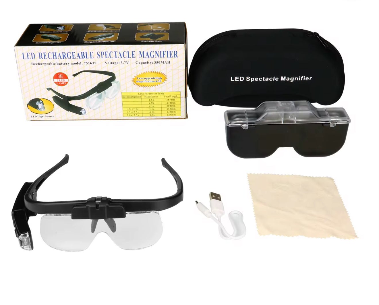 Led rechargeable magnifier glasses